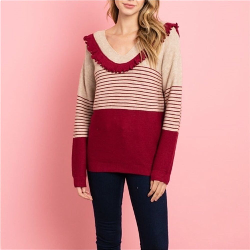 NWT Burgundy Long Sleeve Ruffle Sweater S, M, L